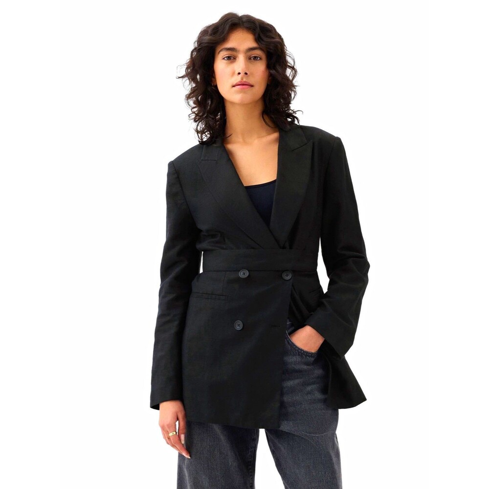 GAP Women’s Black Double-Breasted Belted Blazer Jacket Lined Mid-Length XS